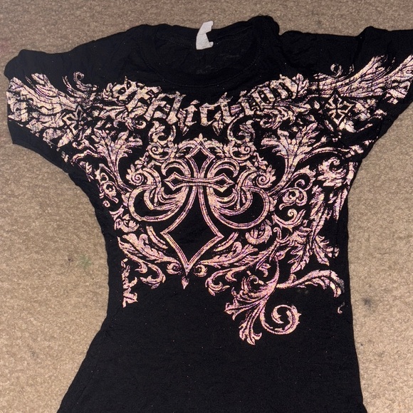 Affliction Black Tee with Pink Ornate Design - Picture 1 of 1